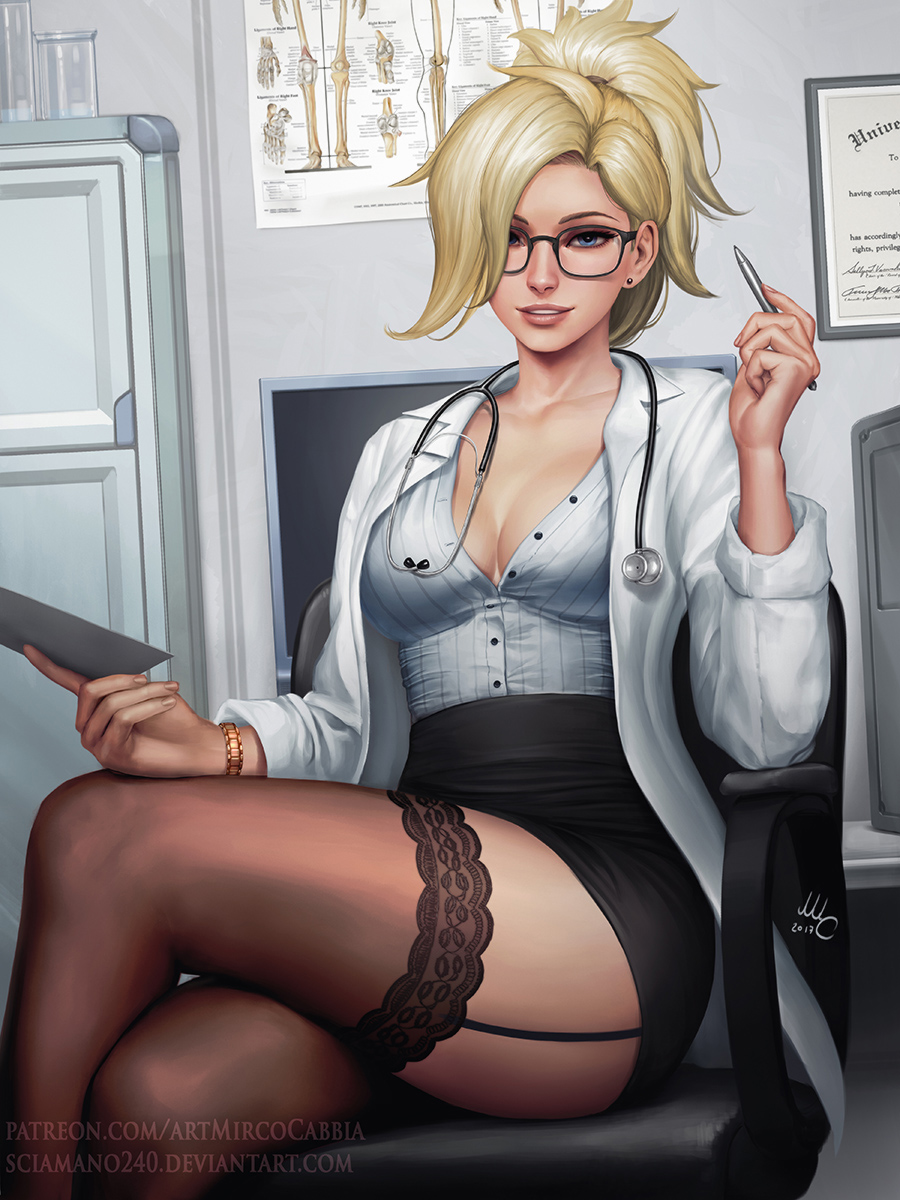 1girl black-framed_eyewear black_skirt blonde_hair blue_eyes breasts brown_legwear chair clipboard doctor door earrings fingernails glasses hand_up high-waist_skirt highres holding indoors jewelry labcoat large_breasts legs_crossed long_sleeves looking_at_viewer mercy_(overwatch) mirco_cabbia overwatch parted_lips pen pink_lips ponytail signature skirt smile solo stethoscope thigh-highs watch watch