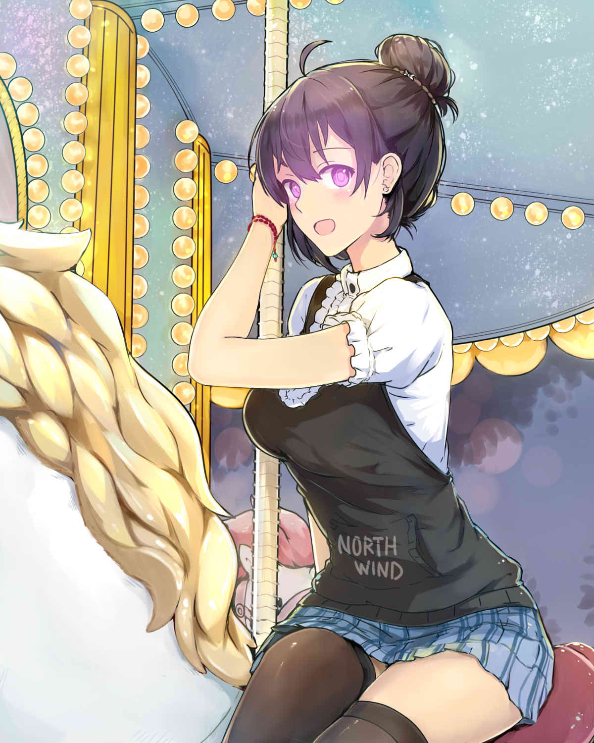 1girl :d ahoge arm_at_side arm_up bangs beifeng_han blurry blush bokeh bracelet breasts brown_legwear carousel commentary_request depth_of_field earrings eyebrows_visible_through_hair hair_bun highres jewelry looking_at_viewer md5_mismatch medium_breasts miyaura_sanshio open_mouth original outdoors plaid plaid_skirt pleated_skirt pocket puffy_short_sleeves puffy_sleeves revision shirt short_hair short_sleeves sitting skirt smile solo stud_earrings tareme thigh-highs thighs violet_eyes white_shirt zettai_ryouiki