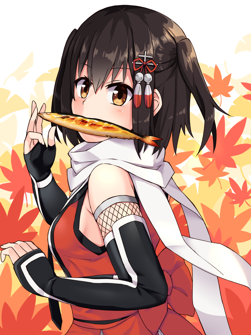 1girl autumn_leaves black_gloves brown_eyes brown_hair cerasus elbow_gloves eyebrows_visible_through_hair fingerless_gloves fish food_in_mouth gloves hair_ornament kantai_collection neckerchief remodel_(kantai_collection) saury scarf school_uniform sendai_(kantai_collection) serafuku solo two_side_up white_scarf