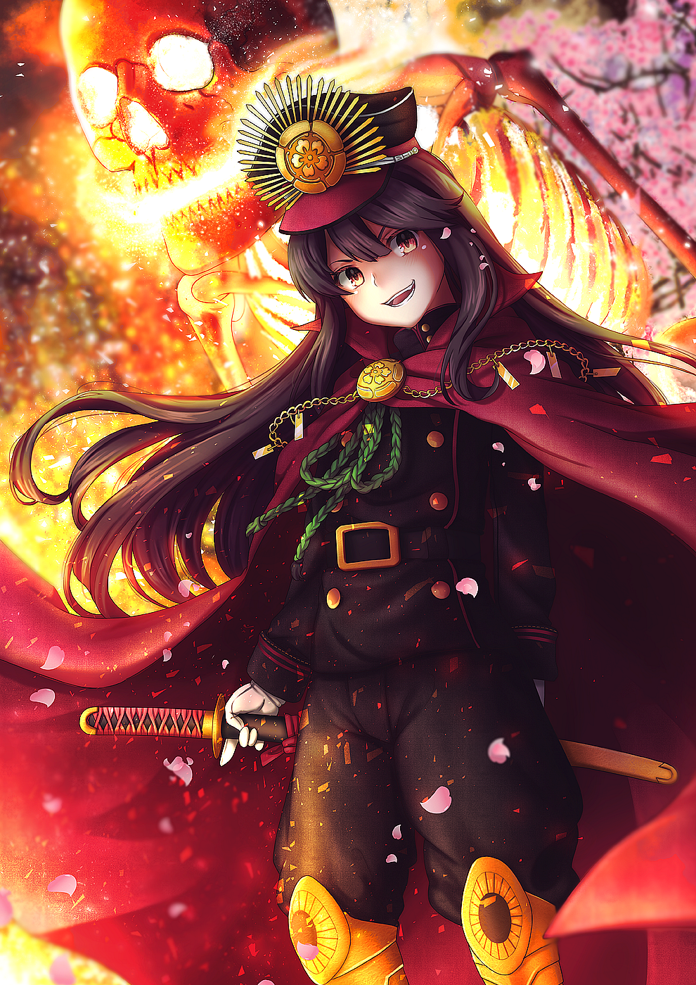 1girl :d black_hair black_hat black_pants brown_eyes cape cherry_blossoms demon_archer fate/grand_order fate_(series) floating_hair gloves hat highres holding holding_sword holding_weapon katana long_hair looking_at_viewer military military_hat military_uniform open_mouth pants red_cape saruei sheath sheathed smile solo standing sword uniform very_long_hair visor_cap weapon white_gloves
