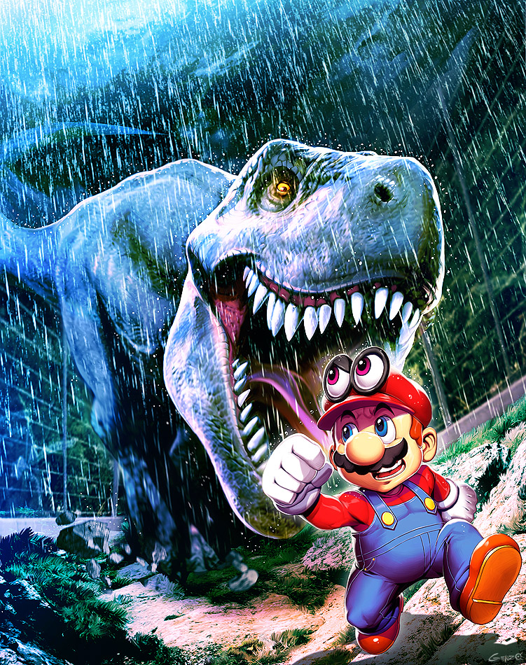 1boy animal blue_eyes brown_hair cappy_(mario) dinosaur facial_hair genzoman hat mario super_mario_bros. mustache night overalls rain short_hair super_mario_bros. super_mario_odyssey