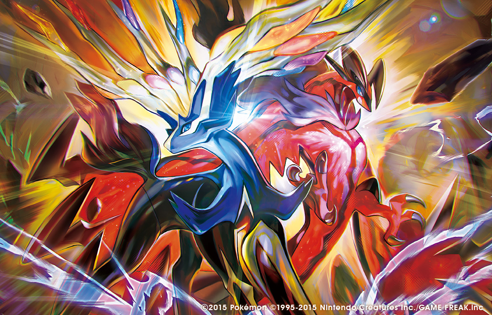 2015 blue_eyes commentary_request no_humans official_art open_mouth pokemon pokemon_(creature) pokemon_(game) pokemon_card pokemon_trading_card_game tokiya watermark xerneas yveltal