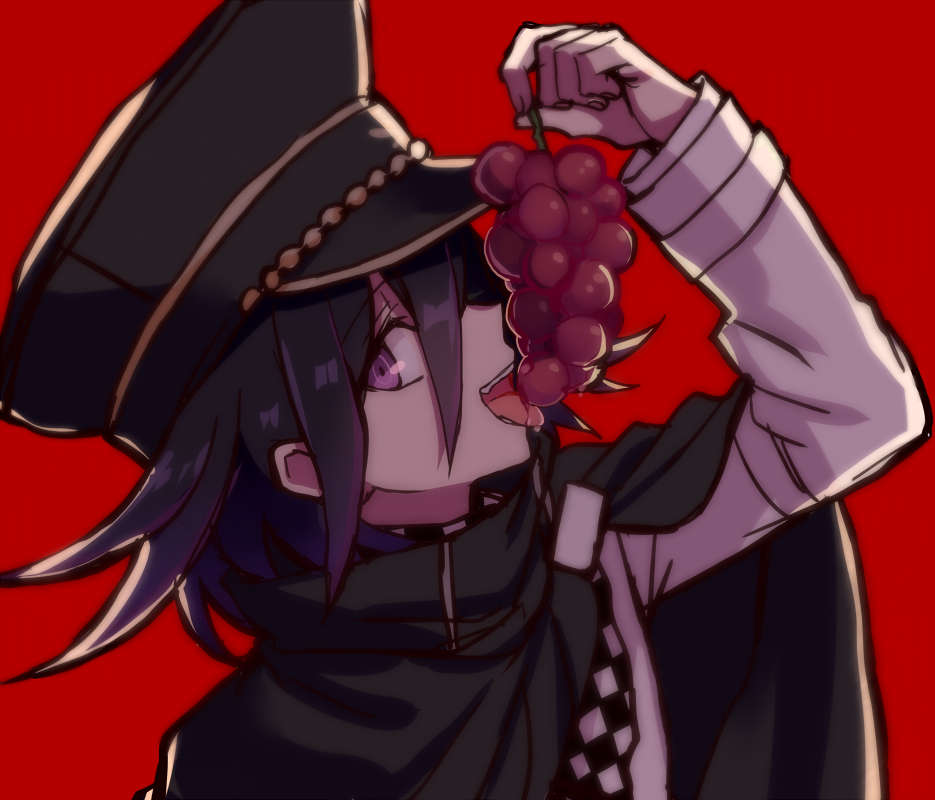 1boy cape checkered_scarf dangan_ronpa food fruit grapes hat holding holding_food holding_fruit licking new_dangan_ronpa_v3 open_mouth ouma_kokichi peaked_cap purple_hair red_background scarf tpi_ri violet_eyes