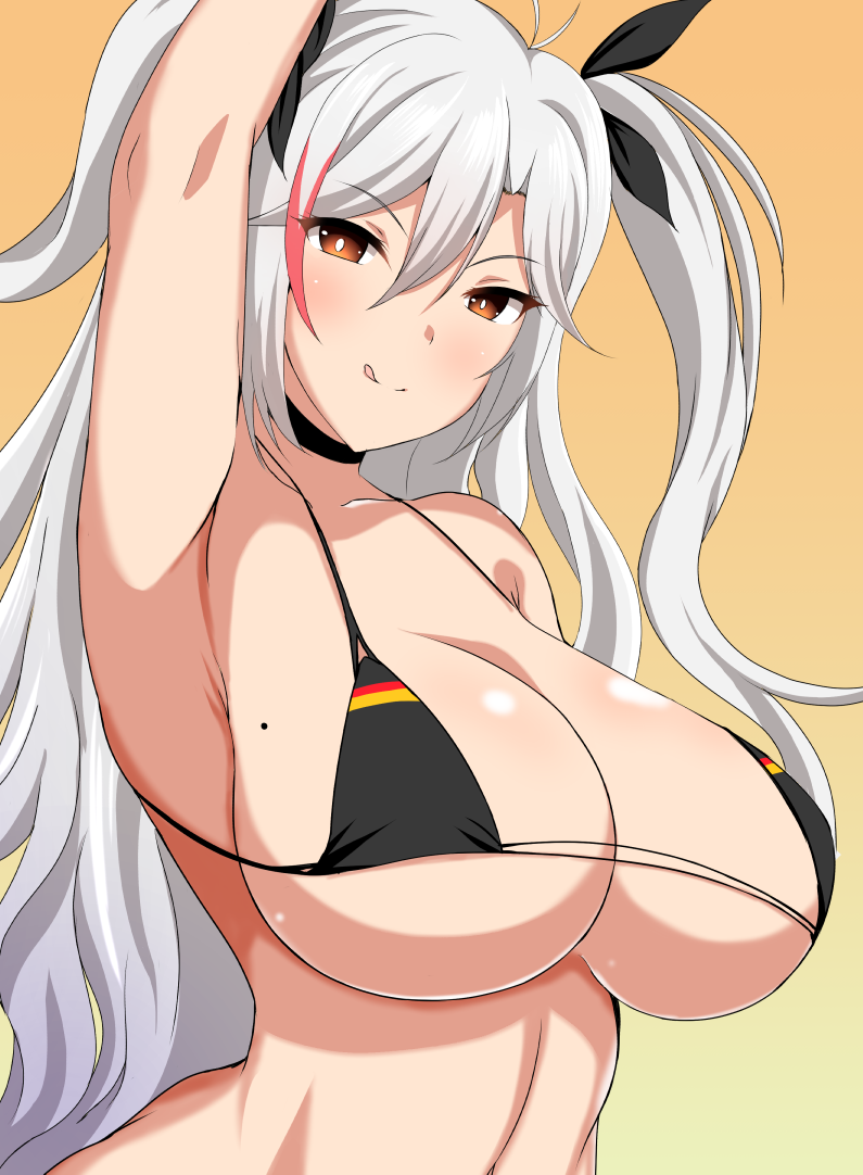 1girl antenna_hair arched_back armpits azur_lane bangs bare_shoulders bikini bikini_top black_bikini black_neckwear black_ribbon blush breasts bright_pupils choker cleavage collarbone eyebrows_visible_through_hair flag_print german_flag german_flag_bikini hair_between_eyes hair_ribbon large_breasts long_hair looking_at_viewer mole mole_on_breast multicolored_hair orange_eyes prinz_eugen_(azur_lane) redhead ribbon shiny shiny_hair silver_hair solo streaked_hair swimsuit two_side_up under_boob upper_body very_long_hair wonawo