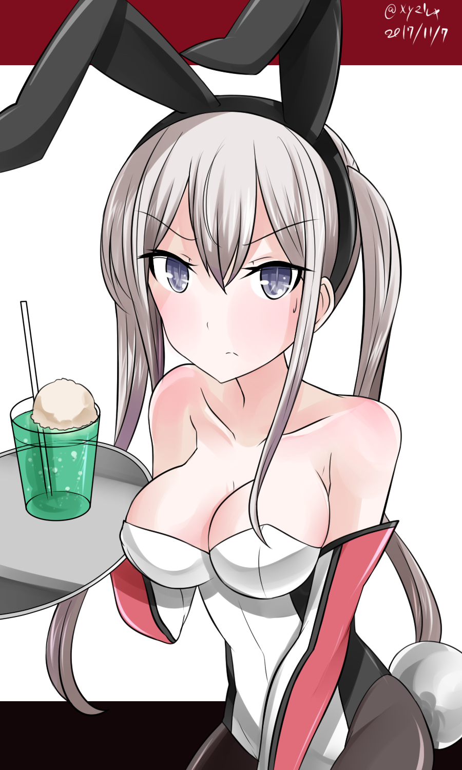 1girl 3: adapted_costume alternate_costume alternate_hair_color angry animal_ears bare_shoulders black_legwear breasts bunny_girl bunny_tail bunnysuit cleavage collarbone commentary_request cup dated dress drinking_glass drinking_straw elbow_gloves eyebrows_visible_through_hair fake_animal_ears female food gloves graf_zeppelin_(kantai_collection) grey_eyes hair_between_eyes hebitsukai-san highres ice_cream ice_cream_float kantai_collection large_breasts leotard long_hair looking_at_viewer multicolored multicolored_gloves neck off-shoulder_dress off_shoulder pantyhose rabbit_ears serious signature silver_hair simple_background solo strapless strapless_leotard sweat tail tray twintails
