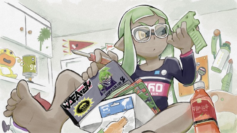 1girl artist_request bangs barefoot blunt_bangs box commentary_request dark_skin domino_mask feet glasses green_hair inkling mask sitting solo splatoon tentacle_hair toes tools yellow_eyes