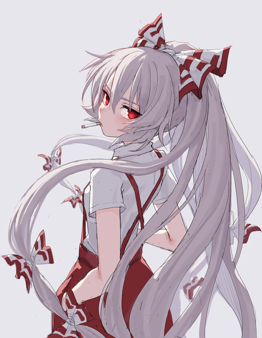 1girl bangs bow breasts cigarette fkey from_behind fujiwara_no_mokou grey_background grey_hair hair_between_eyes hair_bow hand_in_pocket long_hair looking_at_viewer looking_back mouth_hold pants ponytail red_eyes red_pants shirt short_sleeves simple_background small_breasts solo suspenders touhou very_long_hair white_shirt
