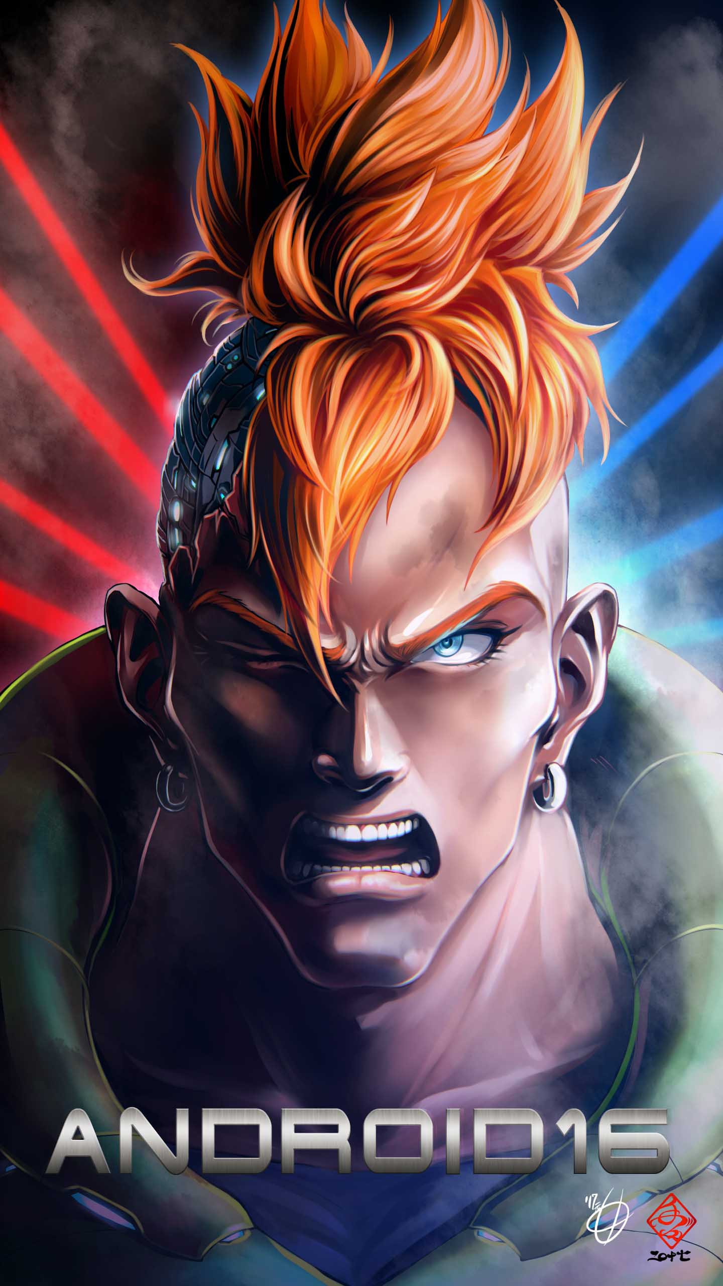 1boy absurdres android android_16 aqua_eyes character_name collarbone dragon_ball dragonball_z earrings face highres jewelry male_focus mohawk one_eye_closed open_mouth orange_hair portrait serious signature solo tete_(amakuchichiyoko)