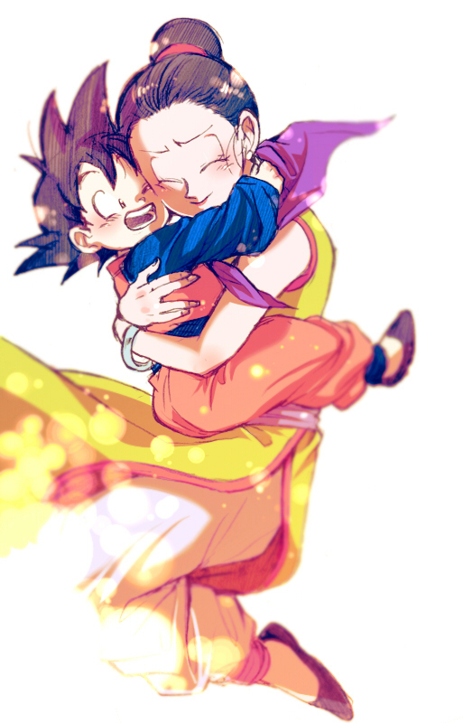 1boy 1girl black_eyes black_hair bracelet cheek-to-cheek chi-chi_(dragon_ball) chinese_clothes closed_eyes dougi dragon_ball dragonball_z earrings hug jewelry looking_at_another mother_and_son ochanoko_(get9-sac) one_eye_closed open_mouth simple_background smile son_goten spiky_hair tied_hair white_background