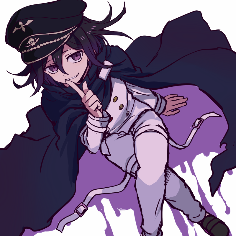 1boy cape checkered_scarf dangan_ronpa finger_to_mouth hat index_finger_raised legs_crossed looking_at_viewer new_dangan_ronpa_v3 ouma_kokichi peaked_cap purple_hair scarf smile straitjacket tpi_ri violet_eyes