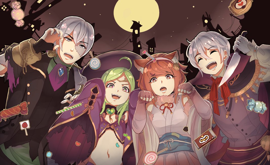 2boys 2girls animal_ears blush cape cat_ears closed_eyes dress fire_emblem fire_emblem:_kakusei fire_emblem_heroes fire_emblem_if formal gloves green_hair grey_hair hairband henry_(fire_emblem) japanese_clothes joker_(fire_emblem_if) kimono long_hair looking_at_viewer low_ponytail multiple_boys multiple_girls nekomata nowi_(fire_emblem) open_mouth pink_hair ponytail redhead sakura_(fire_emblem_if) scar short_hair shy_(ribboneels) smile suit violet_eyes white_hair witch zombie