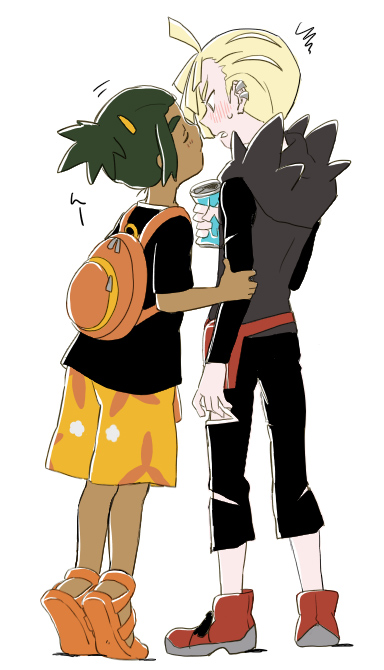 2boys backpack bag blonde_hair blush can closed_eyes dark_skin dark_skinned_male gladio_(pokemon) green_eyes green_hair hair_over_one_eye hau_(pokemon) hood hoodie imminent_kiss multiple_boys pokemon pokemon_(game) pokemon_sm shirt short_hair short_ponytail shorts t-shirt tiptoes tshr yaoi