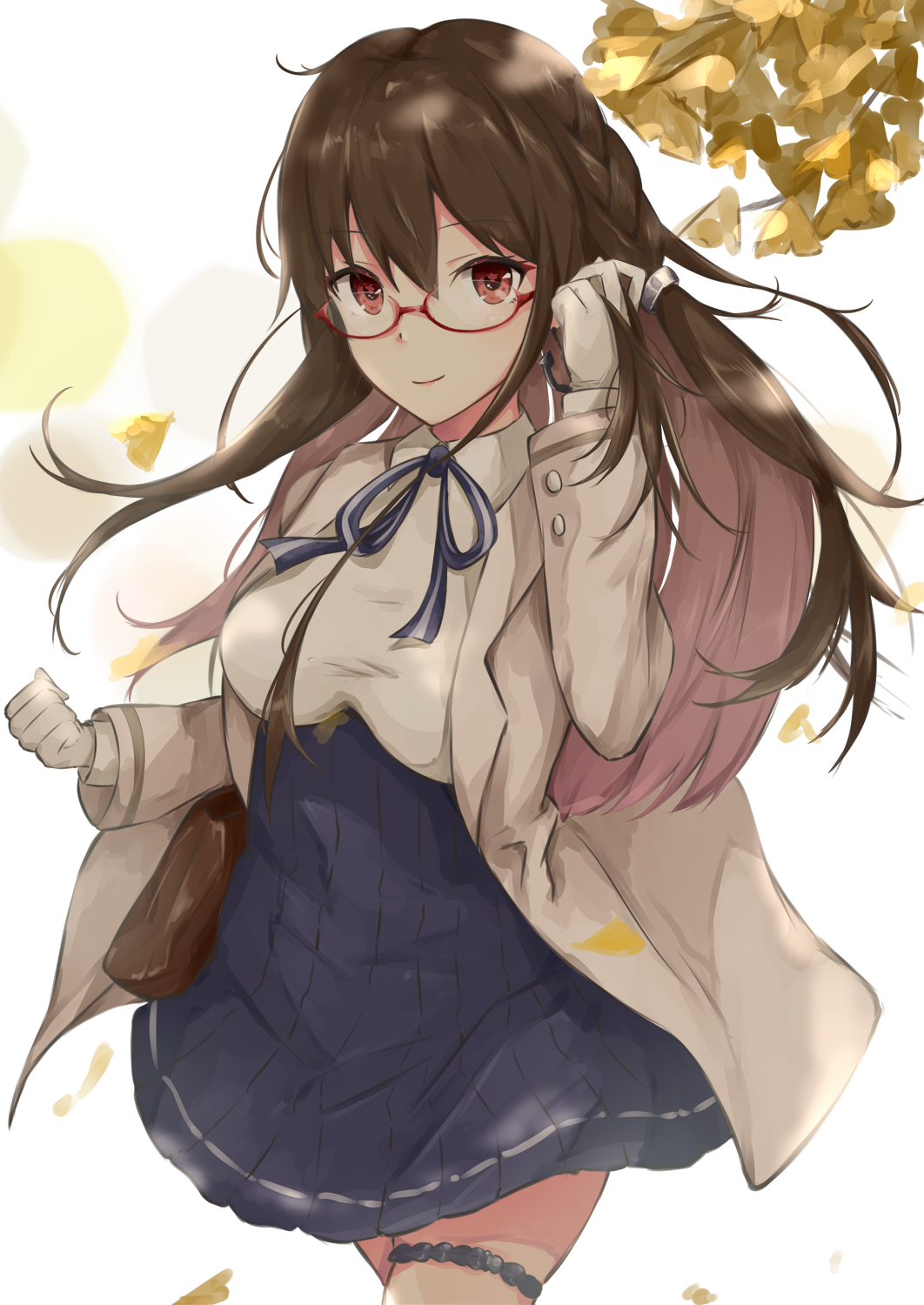 1girl anchor_earrings arm_at_side autumn autumn_leaves azur_lane bag bangs black_hair blazer blue_neckwear blue_skirt blunt_bangs braid breasts buttons commentary_request cowboy_shot dress earrings eyebrows_visible_through_hair falling_leaves gloves hair_between_eyes hair_ornament hand_in_hair hand_up handbag highres hoshimiya_mashiro jacket jewelry london_(azur_lane) long_hair long_sleeves looking_at_viewer medium_breasts neck_ribbon open_blazer open_clothes open_jacket pleated_skirt red-framed_eyewear red_eyes revision ribbon semi-rimless_eyewear skirt smile solo thigh_strap under-rim_eyewear white_gloves wind wing_collar