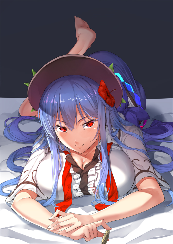 1girl black_background black_hat blue_hair blue_skirt blush breast_press breasts circle_name cleavage coin collarbone flower food fruit hair_flower hair_ornament hat hibiscus hinanawi_tenshi large_breasts leaf long_hair looking_at_viewer lying neropaso on_stomach peach rainbow_order red_eyes shirt sidelocks simple_background skirt smile solo touhou white_shirt