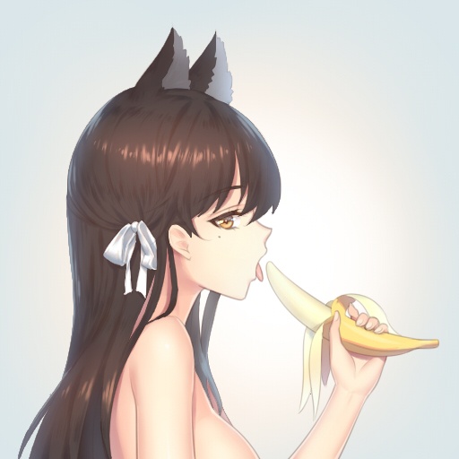 1girl animal_ears atago_(azur_lane) azur_lane banana bare_shoulders black_hair bow breasts chi_yei commentary_request food fox_ears fruit hair_bow hair_ribbon holding large_breasts licking long_hair looking_at_viewer looking_to_the_side mole mole_under_eye nude ribbon sexually_suggestive simple_background solo tongue tongue_out yellow_eyes