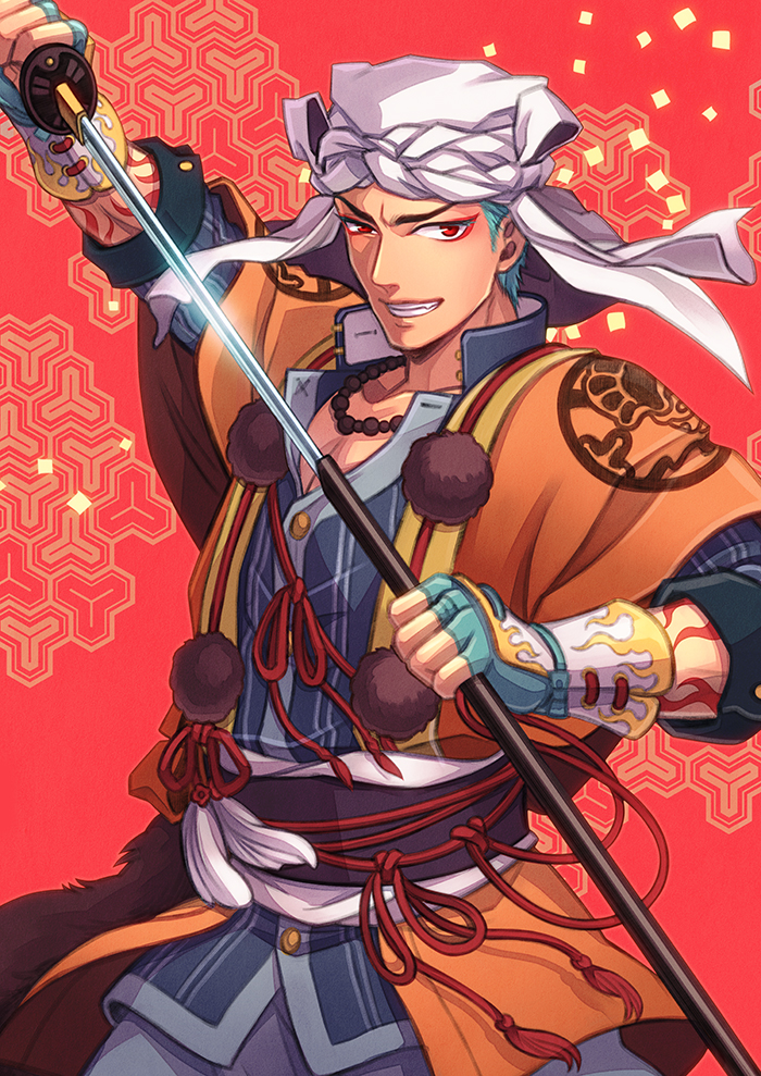 1boy aqua_hair aya bead_necklace beads eyeliner grin japanese_clothes jewelry katana makeup male_focus necklace obi red_eyes sash sheath smile solo sword touken_ranbu turban unsheathing weapon yamabushi_kunihiro