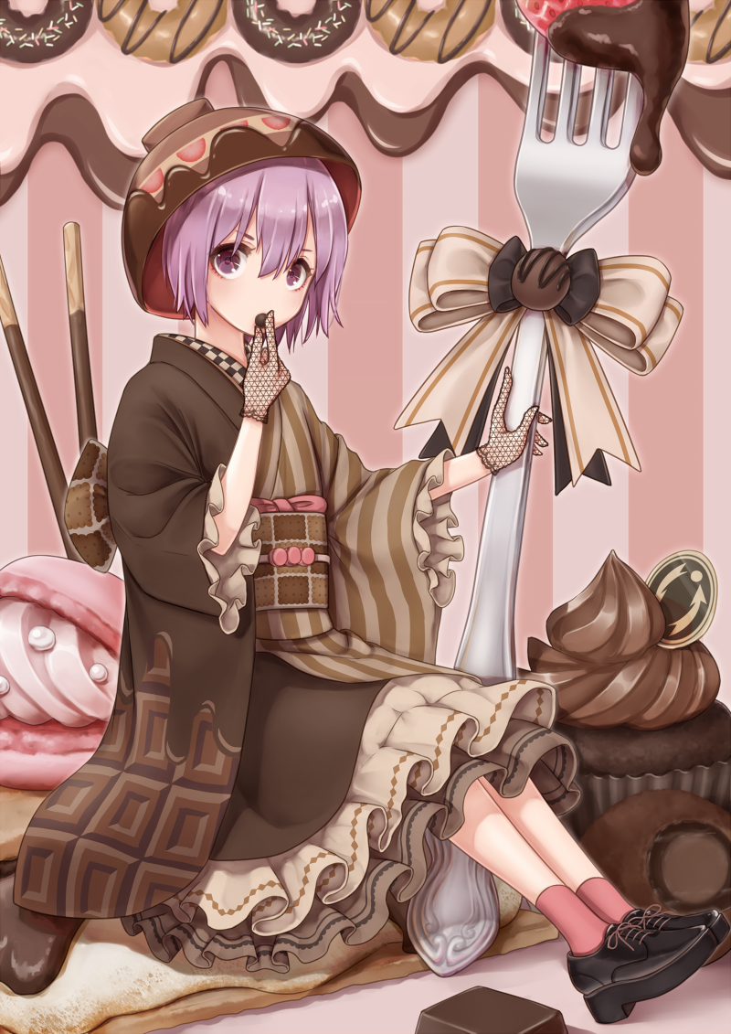 1girl alternate_color black_footwear black_gloves bowl bowl_hat brown_kimono brown_ribbon chocolate chocolate_print commentary_request doughnut dtvisu eating fishnet_gloves fishnets food food_themed_clothes fork fruit full_body gloves hair_between_eyes hat holding holding_fork japanese_clothes kimono looking_at_viewer minigirl muffin obi pink_legwear pocky purple_hair ribbon sash shoes short_hair sitting socks solo strawberry sukuna_shinmyoumaru touhou violet_eyes wide_sleeves