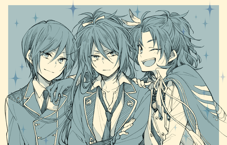 3boys ;d boy_sandwich cape feathers fudou_yukimitsu gloves hair_feathers male_focus monochrome multiple_boys necktie noeru_(putty) one_eye_closed open_mouth ponytail sandwiched smile sparkle taikogane_sadamune touken_ranbu yagen_toushirou