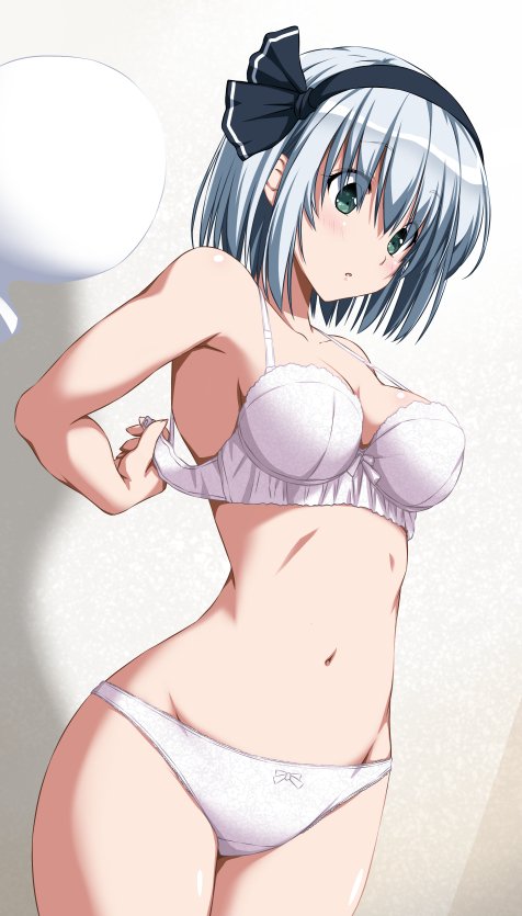 1girl armpits bangs bare_arms bare_shoulders black_hairband black_ribbon blush bra breasts cleavage cowboy_shot ghost green_eyes groin hair_ribbon hairband hitodama konpaku_youmu konpaku_youmu_(ghost) looking_down medium_breasts navel nori_tamago panties parted_lips ribbon short_hair silver_hair solo standing stomach strap_gap tareme thighs touhou unclasped underwear underwear_only white_bra white_panties