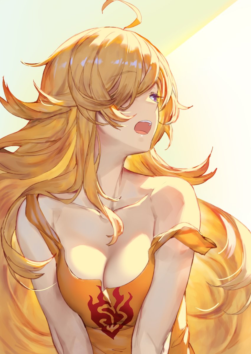 1girl ahoge blonde_hair breasts cleavage collarbone eyebrows_visible_through_hair facing_away hair_over_one_eye izumi_sai long_hair looking_afar medium_breasts messy_hair open_mouth rwby solo strap_slip tank_top upper_body violet_eyes yang_xiao_long