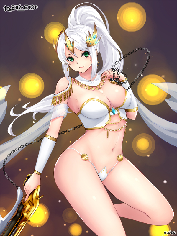 1girl blush breasts chains cleavage closed_mouth cowboy_shot dungeon_and_fighter female_gunner_(dungeon_and_fighter) green_eyes gun headgear holding holding_gun holding_weapon large_breasts long_hair looking_at_viewer navel panties ponytail revealing_clothes shaojiang shawl sidelocks smile solo stomach underwear vambraces weapon white_hair white_panties