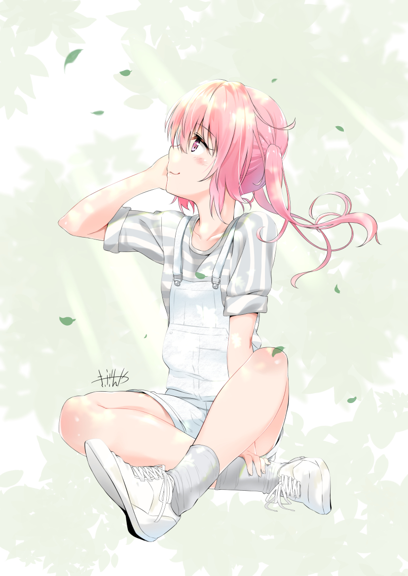 1girl artist_name blush collarbone falling_leaves hand_on_own_cheek legs_crossed looking_to_the_side murio nana_asta_deviluke overalls pink_eyes pink_hair shirt sitting smile solo striped striped_shirt to_love-ru twintails