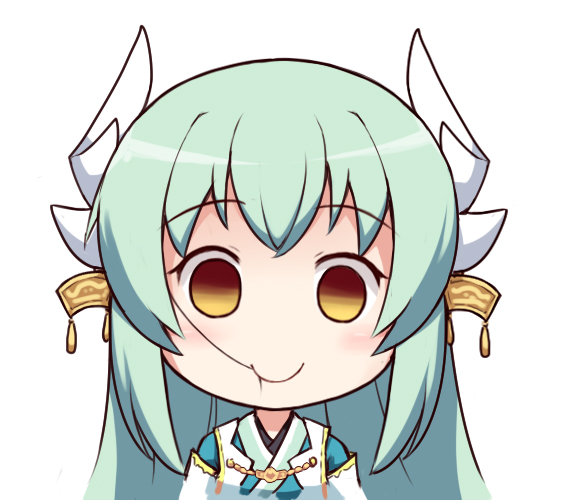 1girl bangs blue_hair blush chibi empty_eyes eyebrows_visible_through_hair fate/grand_order fate_(series) hair_in_mouth horn_ornament horns japanese_clothes kimono kiyohime_(fate/grand_order) langbazi long_hair looking_at_viewer simple_background smile solo white_background yellow_eyes