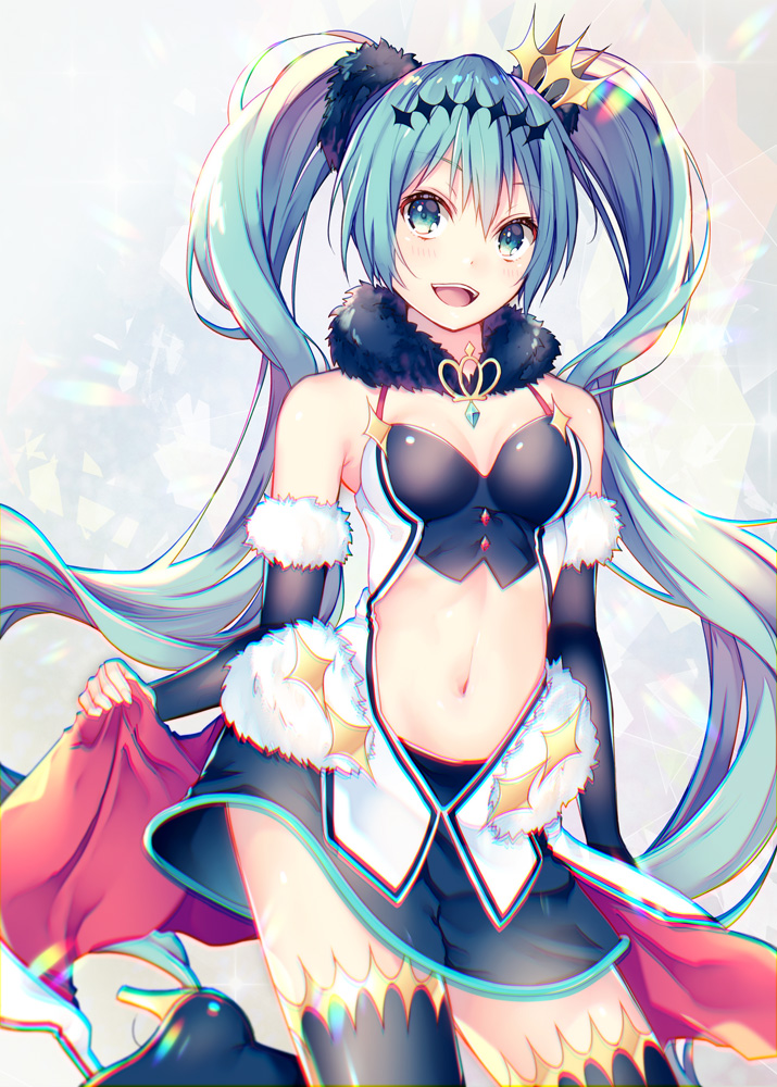 1girl boots hatsune_miku high_heels long_hair looking_at_viewer navel open_mouth racing_miku shiomizu_(swat) skirt solo thigh-highs thigh_boots twintails very_long_hair vocaloid