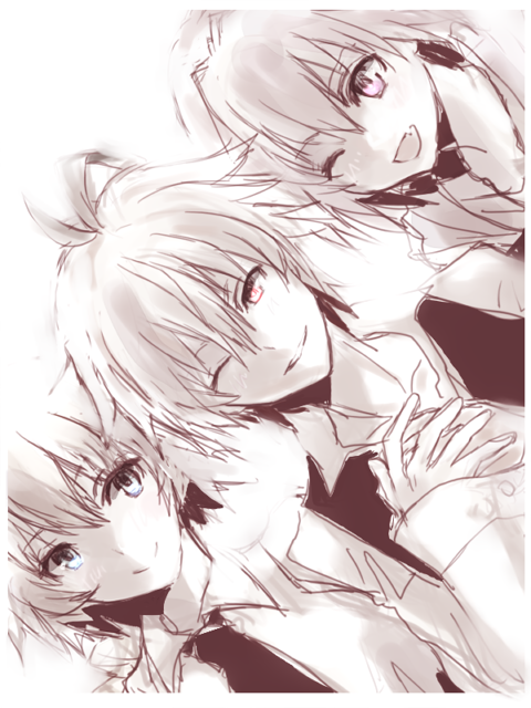 1girl 2boys ahoge bangs blue_eyes eyebrows_visible_through_hair fang fate/apocrypha fate_(series) greyscale long_sleeves looking_at_viewer male_focus monochrome multiple_boys multiple_monochrome one_eye_closed pink_eyes red_eyes rider_of_black ruler_(fate/apocrypha) shirt short_hair sieg_(fate/apocrypha) tetsumaki waistcoat white_background