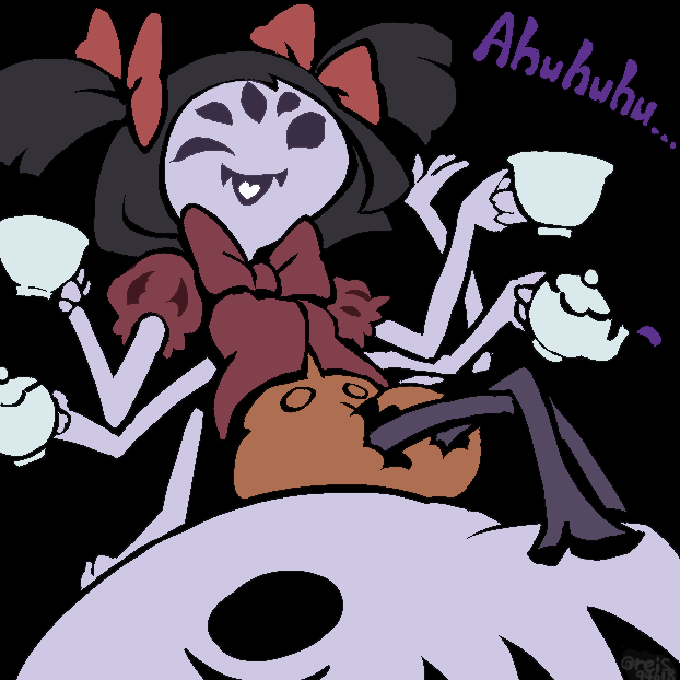 1girl ;d animal arm_behind_back arm_support black_background black_hair bow bowtie breasts cup extra_arms extra_eyes fangs hair_bow holding holding_cup insect insect_girl laughing legs_crossed monster_girl muffet muffet's_pet multiple_arms one_eye_closed open_mouth orange_shorts oversized_animal pantyhose puffy_short_sleeves puffy_shorts puffy_sleeves purple_legwear purple_skin red_bow red_neckwear red_shirt reiesu_(reis) shirt short_hair short_sleeves shorts simple_background sitting small_breasts smile solid_eyes solo spider spider_girl teacup teapot text tongue twitter_username two_side_up undertale violet_eyes white_tongue