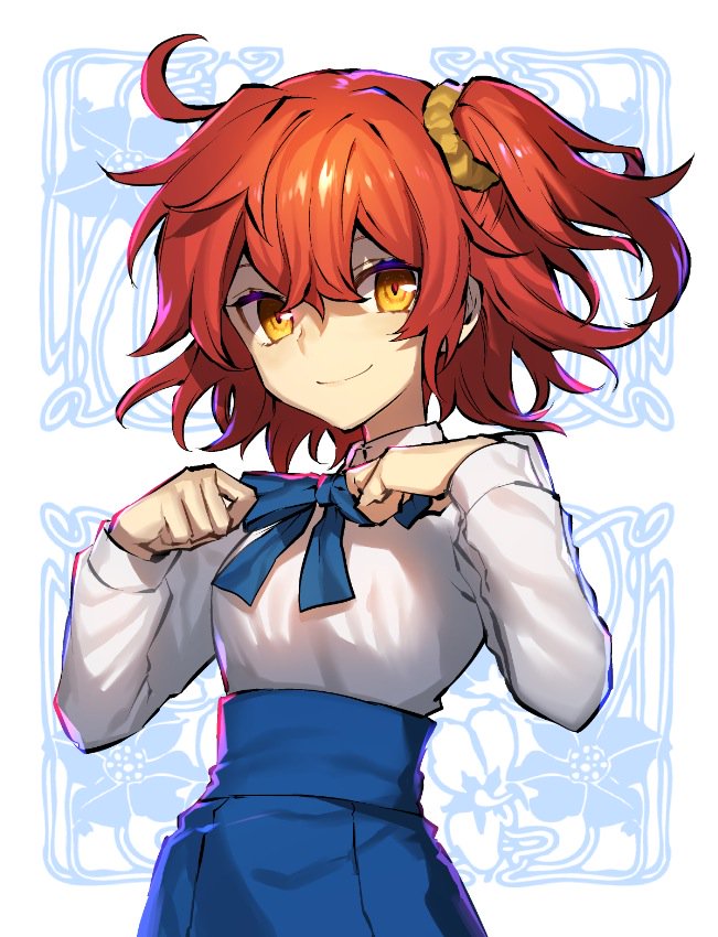 1girl artoria_pendragon_(all) bow commentary_request cosplay fate/grand_order fate/stay_night fate_(series) floral_background fujimaru_ritsuka_(female) gojou_shinra hair_between_eyes hair_ornament hair_scrunchie high-waist_skirt long_sleeves looking_at_viewer orange_eyes redhead saber saber_(cosplay) scrunchie shadow shirt side_ponytail skirt smile solo tying white_shirt