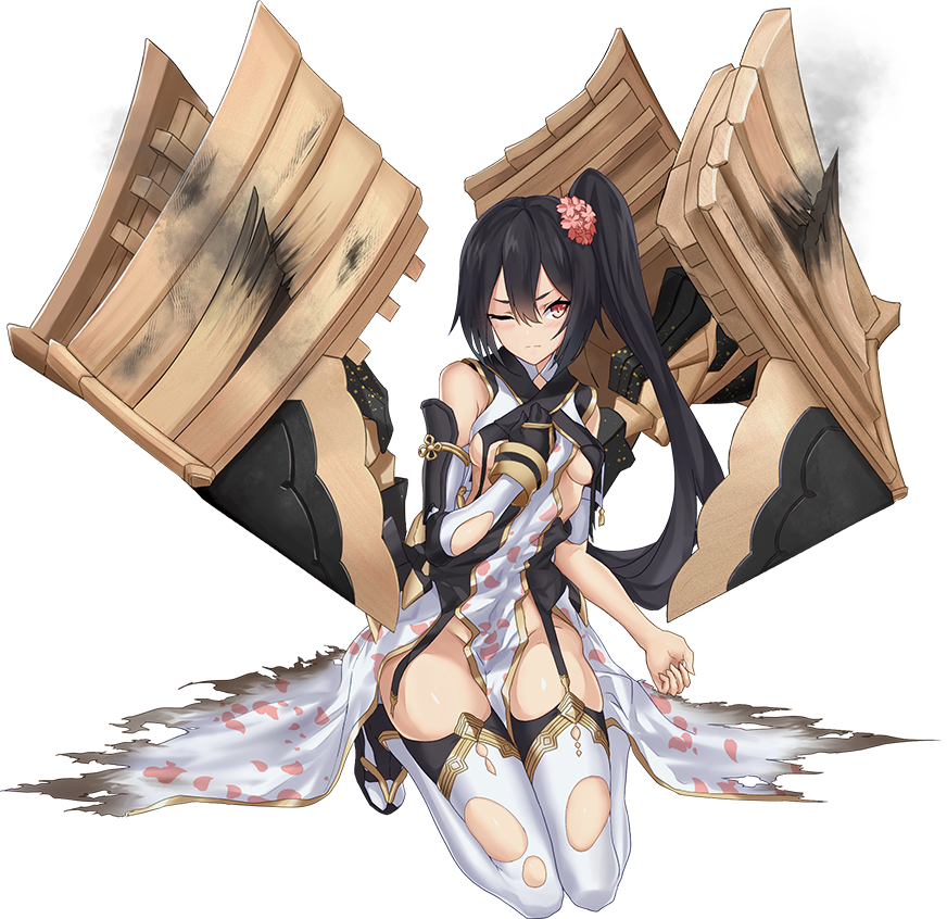 1girl ;( artist_request black_gloves black_hair breasts flower full_body gloves hachigata_(oshiro_project) hair_flower hair_ornament hand_on_hip long_hair official_art orange_eyes oshiro_project oshiro_project_re seiza side_ponytail single_glove sitting small_breasts solo torn_clothes transparent_background white_legwear