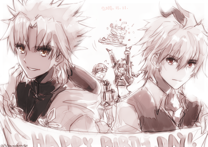 &gt;_&lt; ahoge bangs cake caules_forvedge_yggdmillennia dark_skin earrings eyebrows_visible_through_hair fate/apocrypha fate_(series) food gift glasses hair_between_eyes happy_birthday holding holding_gift holding_sign jewelry kotomine_shirou looking_at_viewer multiple_monochrome priest red_eyes rider_of_black shirt short_hair sieg_(fate/apocrypha) sign tetsumaki trap waistcoat yellow_eyes
