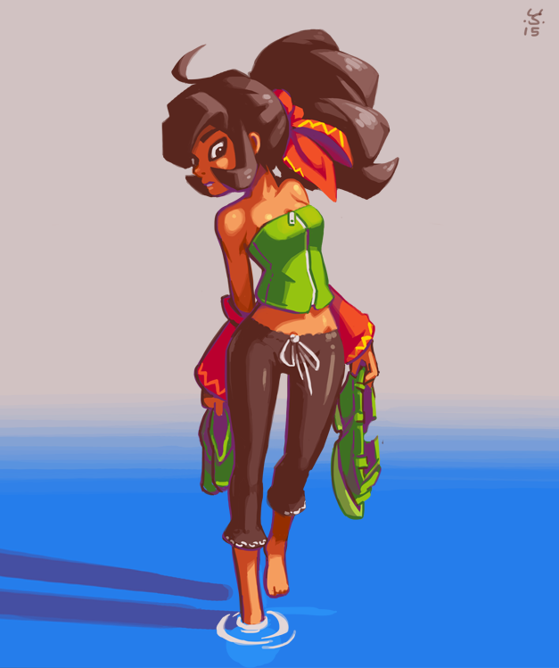 1girl ahoge bandanna bare_shoulders barefoot big_hair black_hair breasts capri_pants dark_skin detached_sleeves full_body joakim_sandberg long_hair midriff mina_(the_iconoclasts) pants ponytail shoes_removed sidelocks small_breasts solo strapless the_iconoclasts walking walking_on_liquid water zipper