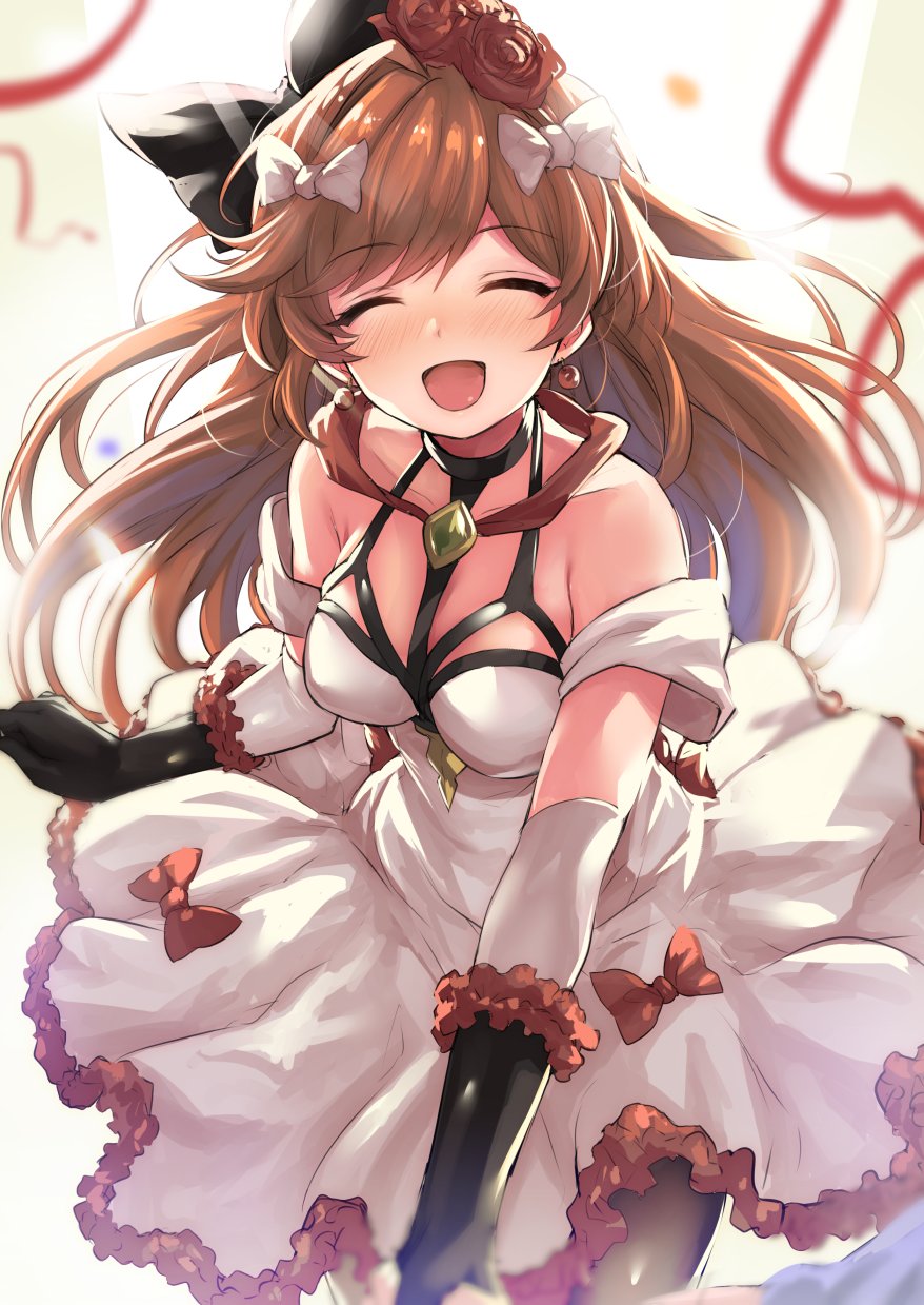 1girl bangs black_gloves black_legwear black_ribbon blurry blush clarisse_(granblue_fantasy) closed_eyes collarbone commentary_request cowboy_shot depth_of_field dress earrings elbow_gloves flower gloves granblue_fantasy hair_down hair_flower hair_ornament halterneck highres holding_hands jewelry kztk long_hair nose_blush open_mouth orange_hair out_of_frame red_flower red_ribbon red_rose ribbon rose shiny shiny_clothes swept_bangs walking white_dress white_ribbon