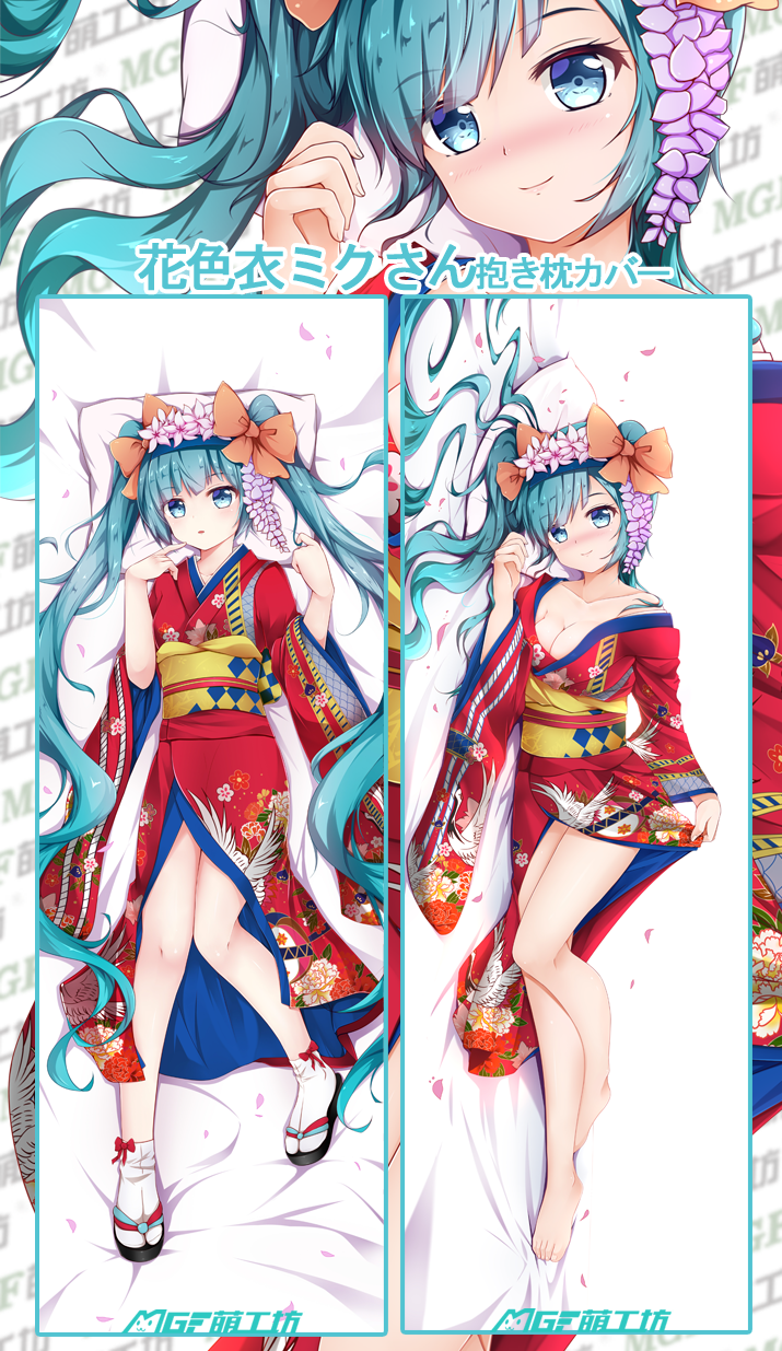 barefoot bed_sheet blue_eyes blue_hair blush bow breasts cleavage collarbone dakimakura finger_to_mouth flower from_above from_side full_body hair_bow hair_flower hair_ornament hatsune_miku head_wreath highres japanese_clothes kimono long_hair looking_at_viewer lying medium_breasts menggongfang on_back on_side orange_bow pillow red_kimono smile socks twintails very_long_hair vocaloid white_flower white_legwear