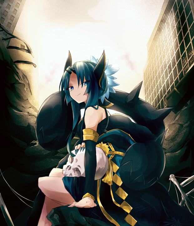 1girl arm_warmers blue_eyes blue_hair building guzzlord horns kgbt_i looking_at_viewer looking_back outdoors personification pokemon sitting skull smile