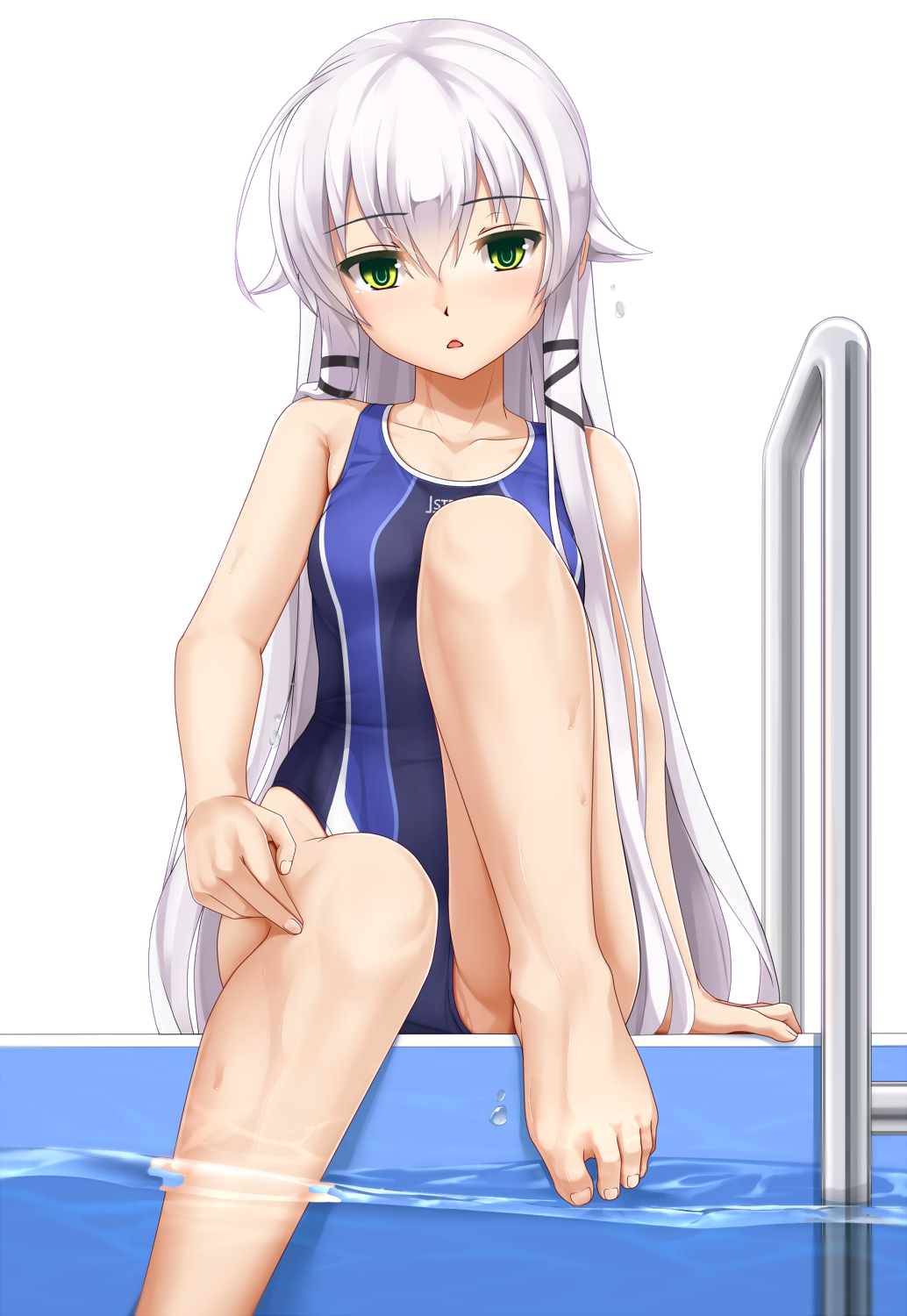 1girl altina_orion arm_at_side bare_arms bare_legs bare_shoulders barefoot black_ribbon blush chestnut_mouth competition_swimsuit eiyuu_densetsu eto eyebrows_visible_through_hair feet flat_chest green_eyes hair_ribbon highres knee_up long_hair looking_at_viewer one-piece_swimsuit open_mouth partially_underwater_shot pool_ladder poolside revision ribbon sen_no_kiseki sen_no_kiseki_2 silver_hair simple_background soaking_feet solo straight_shota swimsuit toenails toes very_long_hair water white_background