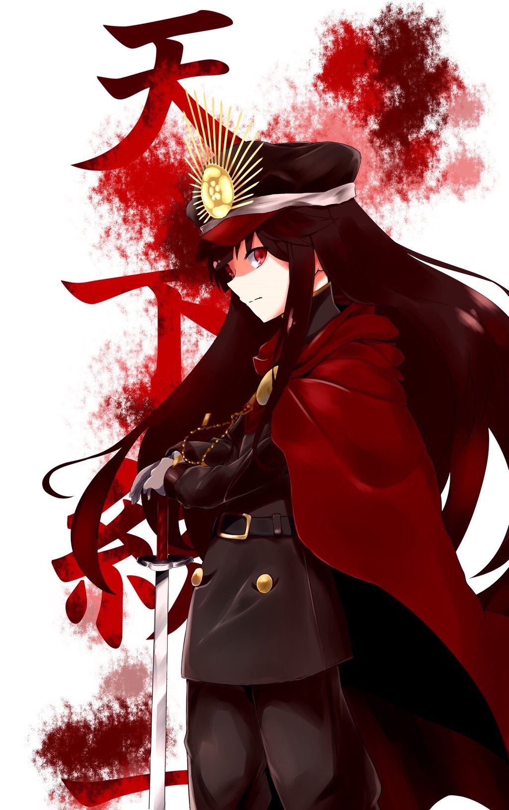 1girl belt black_hair black_hat black_pants cape demon_archer fate/grand_order fate_(series) floating_hair from_side gloves grey_gloves hat highres holding holding_sword holding_weapon kura_ekaki long_hair looking_at_viewer military military_hat military_uniform pants red_cape red_eyes solo sword uniform very_long_hair weapon white_background