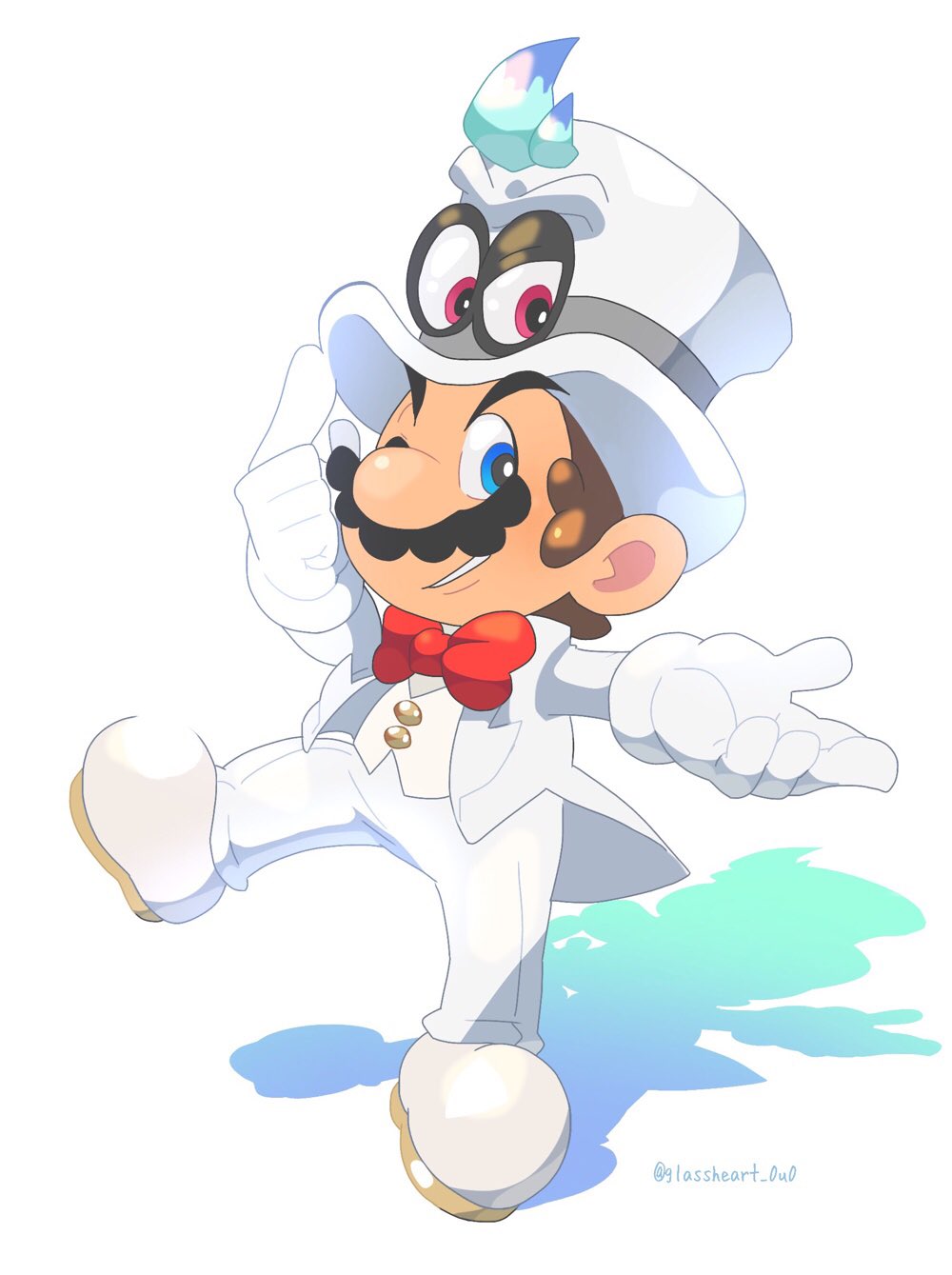 1boy blue_eyes brown_hair facial_hair formal gloves hat highres looking_at_viewer male_focus mario super_mario_bros. mustache omochi_(glassheart_0u0) one_eye_closed simple_background solo suit super_mario_bros. super_mario_odyssey white_gloves