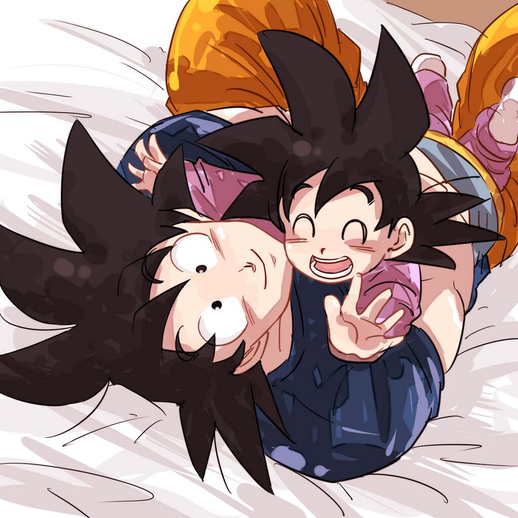 2boys bed bed_sheet black_eyes black_hair closed_eyes dragon_ball dragonball_z eyebrows_visible_through_hair father_and_son happy hug looking_at_viewer lying male_focus miiko_(drops7) multiple_boys open_mouth outstretched_hand short_hair smile son_gokuu son_goten spiky_hair upside-down