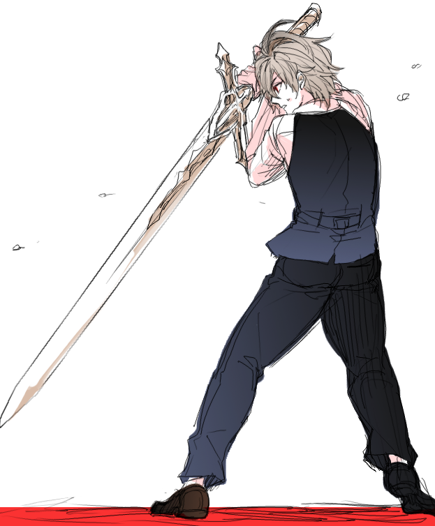 1boy ahoge balmung_(fate/apocrypha) bangs black_pants eyebrows_visible_through_hair fate/apocrypha fate_(series) holding holding_sword holding_weapon long_pants long_sleeves male_focus pants red_eyes shirt shoes short_hair sieg_(fate/apocrypha) silver_hair solo solo_focus sweat sword waistcoat weapon white_shirt