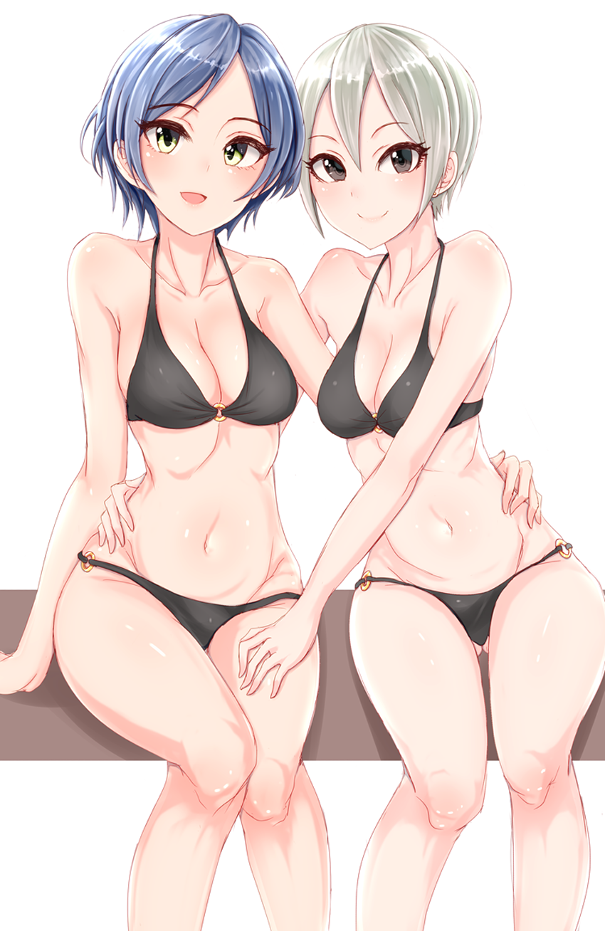 2girls :d arm_around_waist arm_at_side bangs bare_arms bare_shoulders bikini black_bikini blonde_hair blue_hair breasts brown_eyes cleavage closed_mouth collarbone earrings eyebrows_visible_through_hair eyelashes gluteal_fold hand_on_another's_thigh hayami_kanade highres idolmaster idolmaster_cinderella_girls jewelry looking_at_viewer medium_breasts multiple_girls navel o-ring_bikini open_mouth parted_bangs shiny shiny_hair shiomi_shuuko shirushiru_(saitou888) short_hair simple_background sitting smile stomach stud_earrings swimsuit thighs white_background