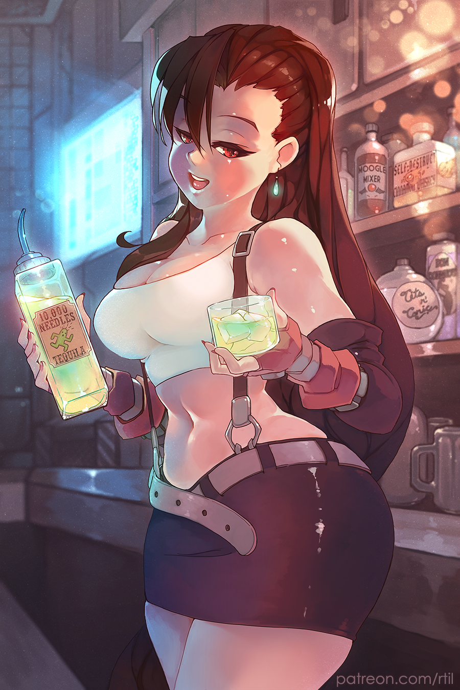 1girl belt bottle breasts cactus chocolate_hair cup drink drinking_glass earrings elbow_gloves english final_fantasy final_fantasy_vii fingerless_gloves gloves highres holding ice ice_cube jewelry large_breasts long_hair midriff miniskirt navel number pencil_skirt rtil shirt skirt smile solo suspender_skirt suspenders tank_top taut_clothes taut_shirt tequila tifa_lockhart