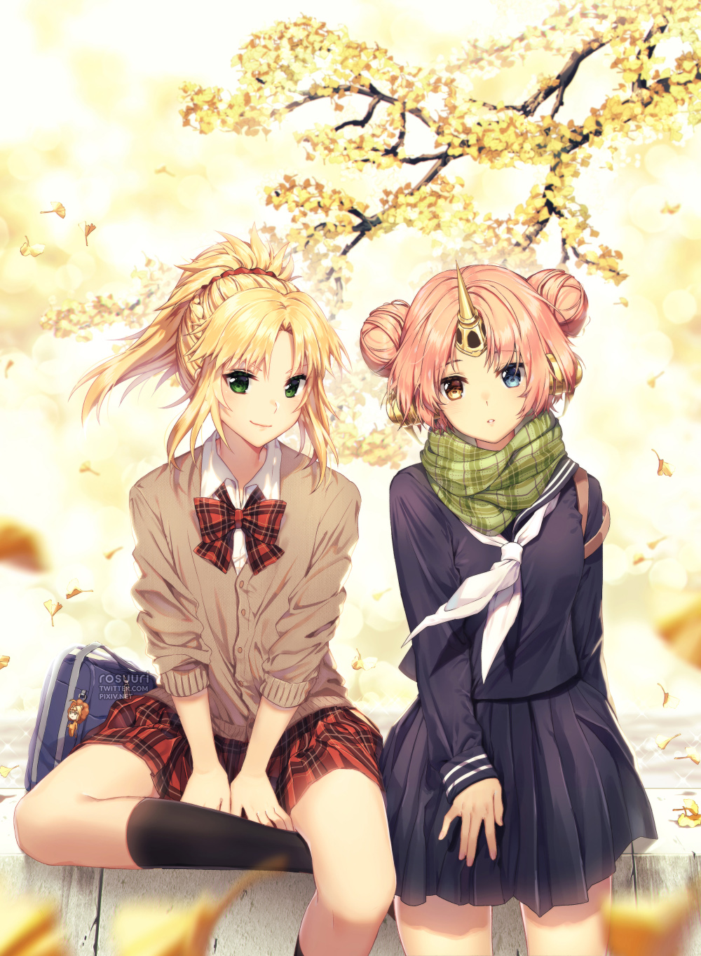 2girls artist_name artoria_pendragon_(all) autumn autumn_leaves bag bag_charm bangs berserker_of_black black_legwear blonde_hair blue_eyes blurry bow braid buttons cardigan character_doll charm_(object) day depth_of_field double_bun fate/apocrypha fate_(series) ginkgo ginkgo_leaf green_eyes hair_ornament headgear heterochromia highres horn lens_flare long_sleeves looking_at_viewer multiple_girls neckerchief outdoors parted_bangs parted_lips pink_hair plaid plaid_neckwear plaid_skirt pleated_skirt ponytail rosuuri saber_lion saber_of_red scarf school_bag school_uniform short_hair sidelocks sitting skirt sleeves_rolled_up smile socks sparkle standing sunlight tree v_arms white_neckwear wing_collar yellow_eyes