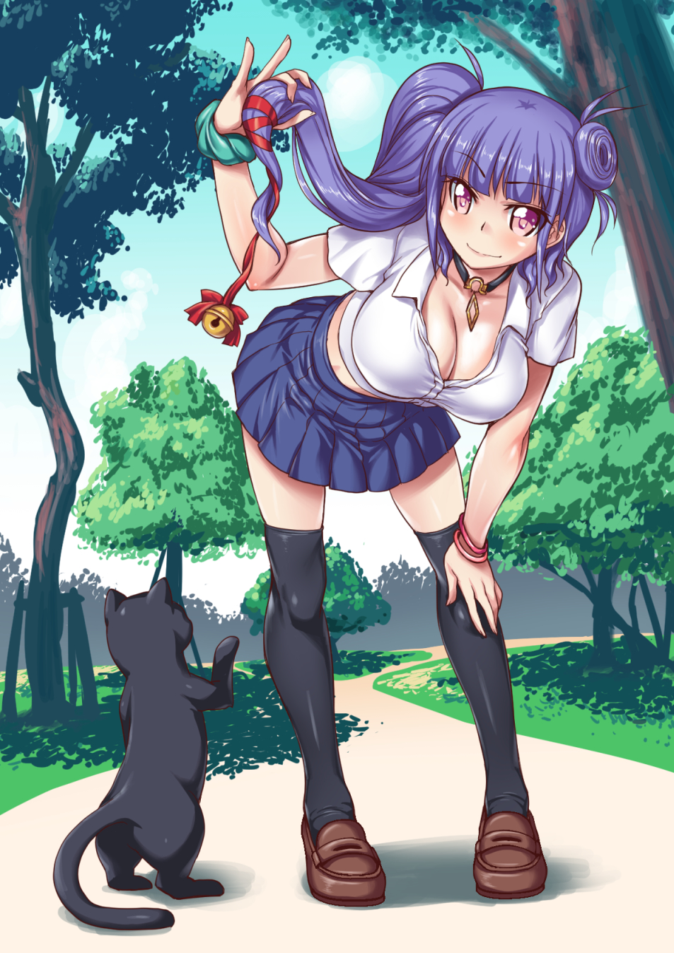 &gt;:) 1girl aokihoshi bangle bangs bell bent_over black_cat black_legwear blue_skirt blunt_bangs bracelet breasts brown_footwear cat choker closed_mouth clouds collared_shirt crop_top day eyebrows_visible_through_hair full_body hair_bun hair_ribbon hand_on_own_knee highres holding holding_hair jewelry jingle_bell kneehighs large_breasts loafers long_hair midriff original outdoors path pink_eyes pleated_skirt purple_hair ribbon road school_uniform scrunchie shadow shirt shoes short_sleeves side_ponytail skirt sky smile standing tree white_shirt wing_collar wrist_scrunchie