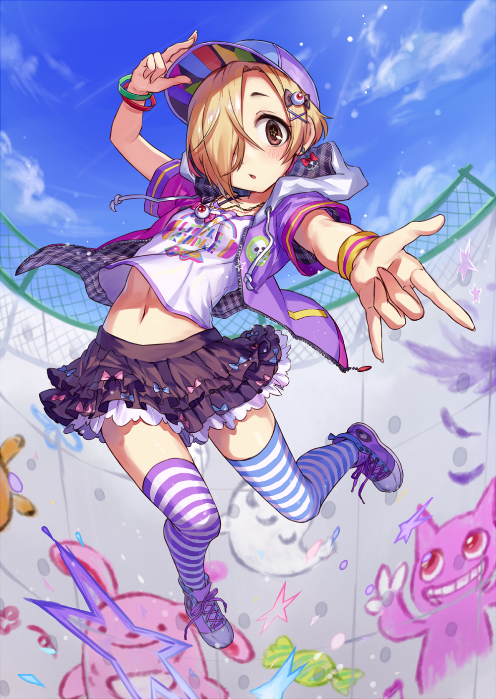 1girl \m/ baseball_cap black_bow black_skirt blonde_hair blue_sky bow brown_eyes chain-link_fence clothes_writing clouds day drawstring earrings fence full_body hair_bow hair_ornament hair_over_one_eye hand_on_headwear hat head_tilt highres hood hood_down hooded_jacket idolmaster idolmaster_cinderella_girls jacket jewelry layered_skirt little_riddle looking_at_viewer midriff navel open_clothes open_jacket outdoors parted_lips purple_footwear purple_hat purple_jacket shirasaka_koume shirt shoes short_hair short_sleeves skirt skull_earrings sky sneakers solo star star-shaped_pupils striped striped_legwear sunlight symbol-shaped_pupils t-shirt tamaext thigh-highs x_hair_ornament