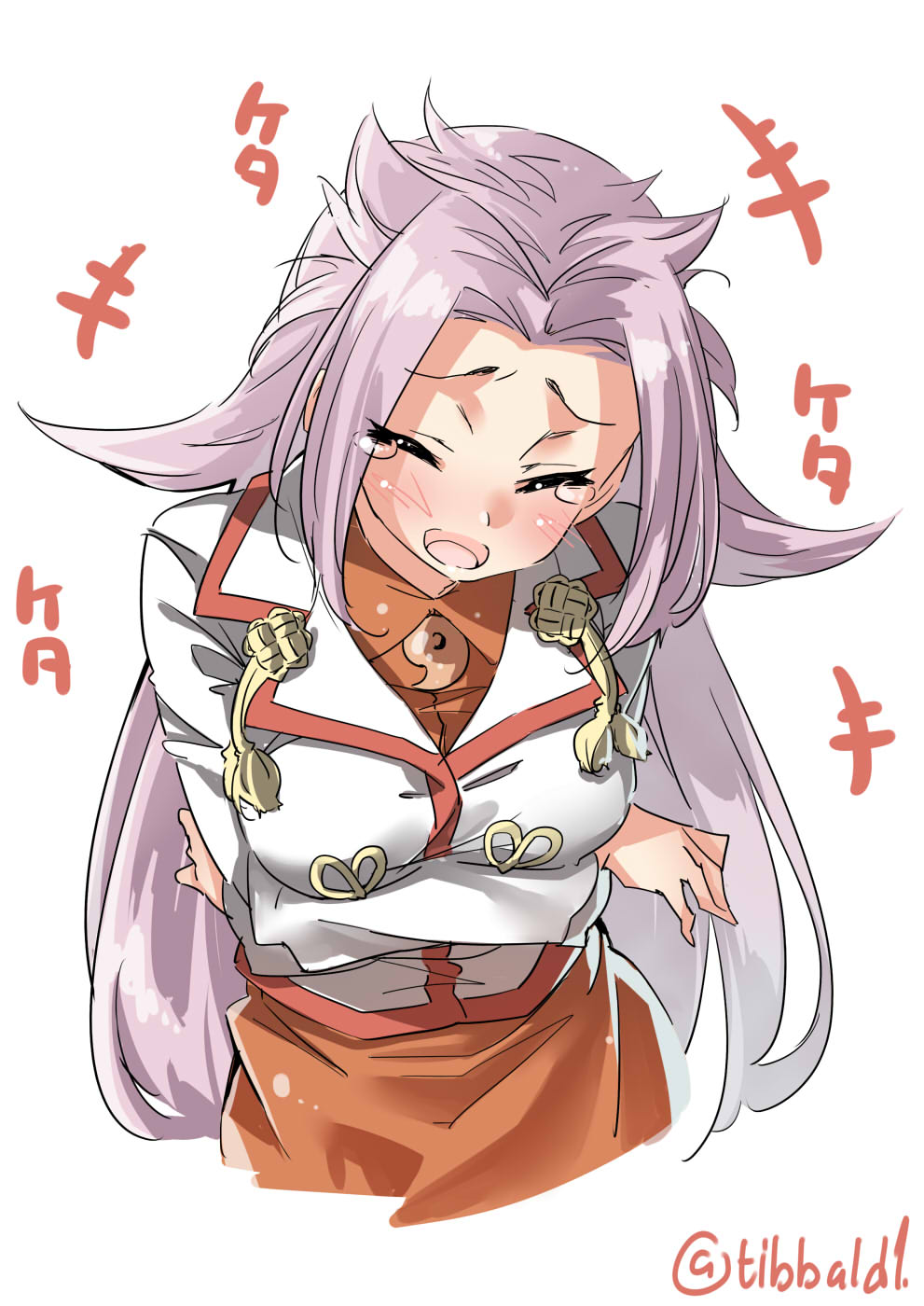 +++ 1girl blush breasts closed_eyes collared_shirt cowboy_shot crossed_arms ebifurya hair_intakes highres jun'you_(kantai_collection) kantai_collection laughing long_hair long_sleeves magatama medium_breasts open_mouth pink_hair pointy_hair red_shirt red_skirt shirt simple_background skirt solo tears twitter_username white_background
