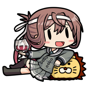 1girl 90mm_single_high-angle_gun_mount :d asagumo_(kantai_collection) bamomon black_legwear blazer blush_stickers brown_hair chibi commentary_request cup drinking_glass hachimaki headband holding jacket kantai_collection long_hair looking_at_viewer lowres open_mouth pleated_skirt ponytail school_uniform simple_background skirt smile solo stuffed_animal stuffed_lion stuffed_toy thigh-highs white_background wine_glass zettai_ryouiki