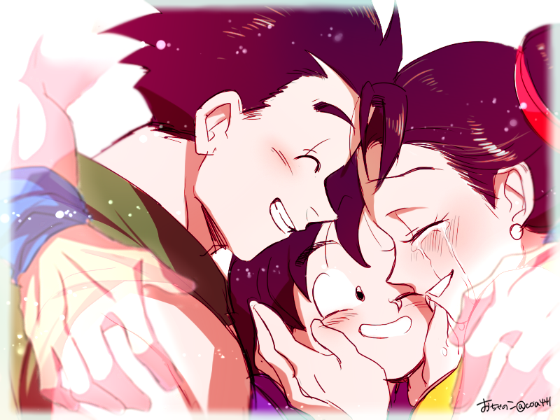 1girl 3boys artist_name black_eyes black_hair blush brothers chi-chi_(dragon_ball) closed_eyes crying dragon_ball dragonball_z earrings eyebrows_visible_through_hair family father_and_son forehead-to-forehead hands_on_another's_face hug jewelry looking_at_another mother_and_son multiple_boys ochanoko_(get9-sac) out_of_frame siblings simple_background son_gohan son_gokuu son_goten tears tied_hair twitter_username white_background wristband